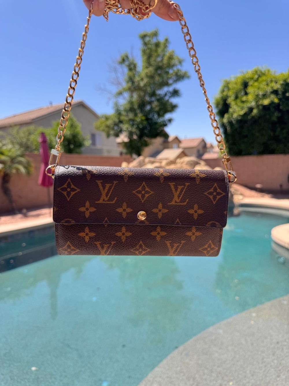 Louis Vuitton Brown Monogram Crossbody Wallet with Gold Chain - Picture 2 of 12